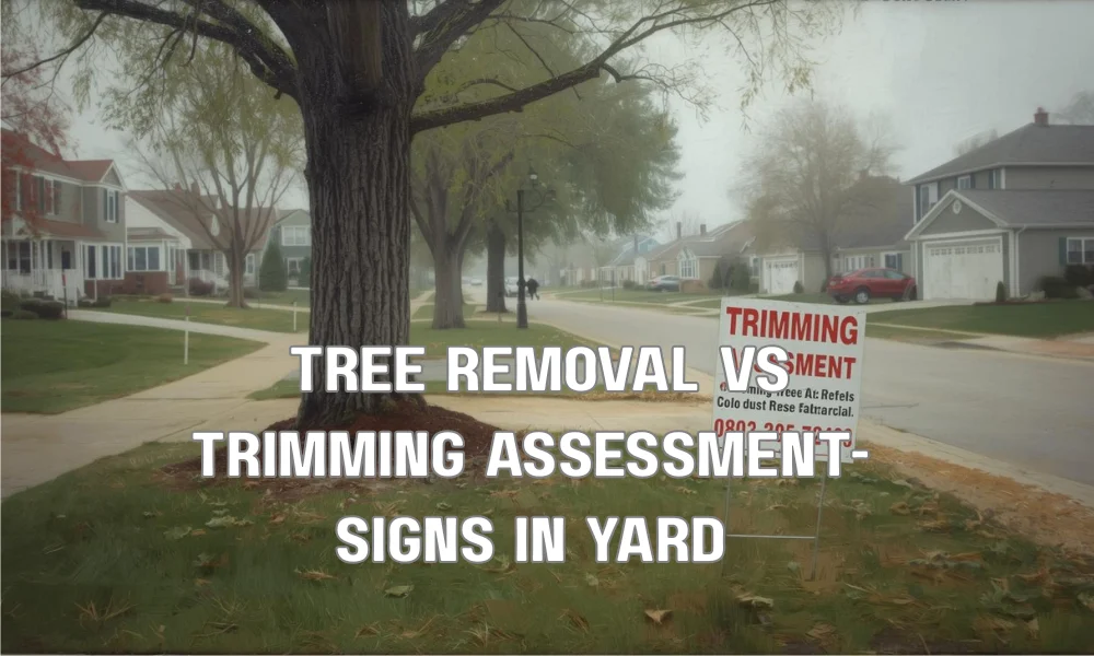 An illustrative checklist diagram showing indicators for professional tree removal. It features icons and examples like a large, leaning tree near a house with visible trunk decay, mushroom growth at the root flare, and several large dead branches, contrasted with a smaller, healthy tree that only needs minor pruning