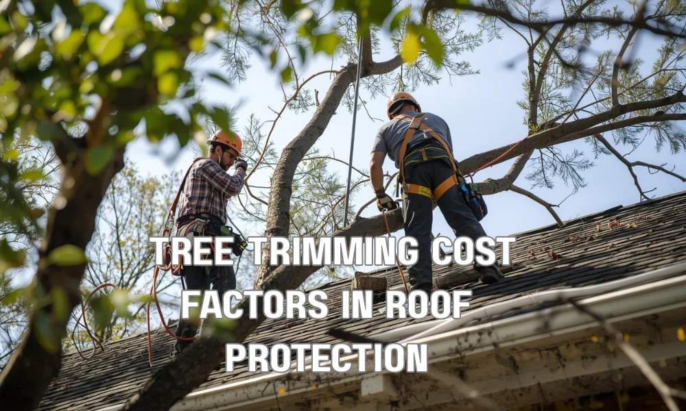 A stylized infographic illustrating factors influencing tree trimming costs. It features three scenarios: a small tree with low cost, a medium tree with average cost, and a large, complex tree near a power line and roof, requiring a crane and indicating high cost. Callouts list variables like 'SIZE,' 'LOCATION,' 'EQUIPMENT,' and 'ARBORIST CREDENTIALS.'