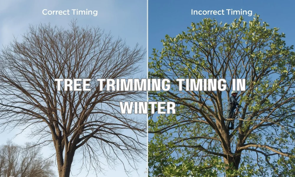 An illustrative comparison showing tree trimming timing. The left side, representing 'Correct Timing' (late fall/winter), shows a dormant, leafless deciduous tree with clearly visible branches and a arborist making a safe cut. The right side, representing 'Incorrect Timing' (spring/summer), shows a stressed tree with full foliage, sap flowing, and wilting leaves where an improper cut was made. A central timeline shows "Optimal: Late Fall, Winter."