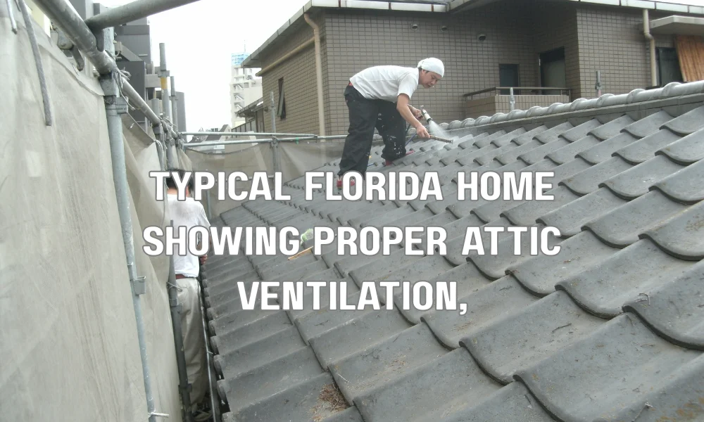 A high-angle architectural cutaway of a Florida home featuring a navy blue roof and gold solar heat arrows, demonstrating how ridge vents and soffit intakes circulate air to lower attic temperatures.