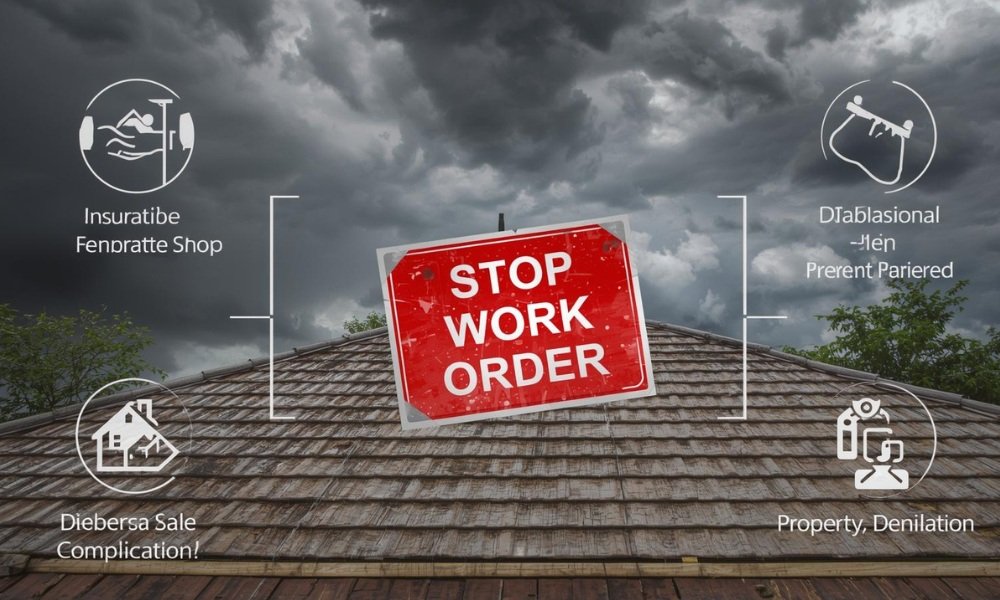 A stark visualization of the negative consequences of unpermitted roof work in Broward County, showing a red "STOP WORK ORDER" notice taped to a construction site, flanked by icons representing fines, insurance denial, and property sale complications under a stormy sky.