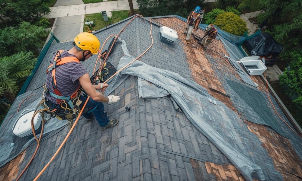 A detailed photograph on a Florida rooftop showing a roofing crew wearing safety harnesses, with protective tarps covering the landscaping below and workers removing multiple layers of old shingles, illustrating factors that increase labor expenses.