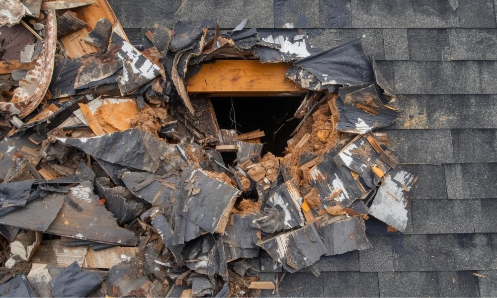 A close-up view of a residential roof replacement in progress in Florida, showing layers of old shingles and rotted wood being torn away to reveal water damage, alongside piles of debris and new hurricane-grade materials, illustrating hidden costs.