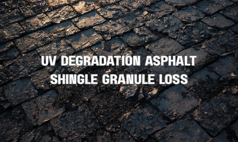 A technical cross-section diagram showing how UV radiation breaks down asphalt binder, leading to protective ceramic granule loss and surface cracking.