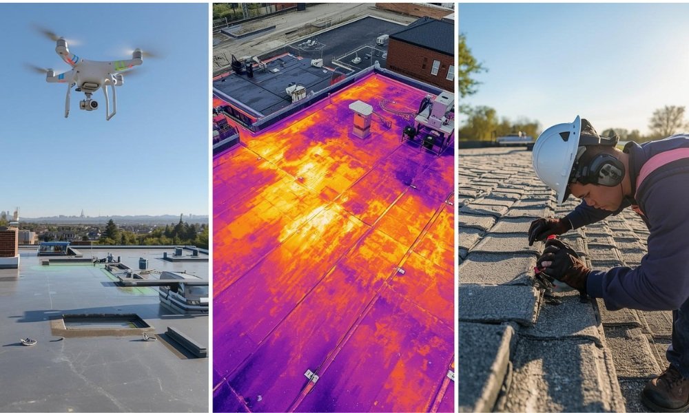 A comparative image illustrating three types of roof inspections: a drone survey for visual assessment, a thermal scan of a flat roof, and a focused close-up of a technician inspecting seams, each with varying detail and technology.