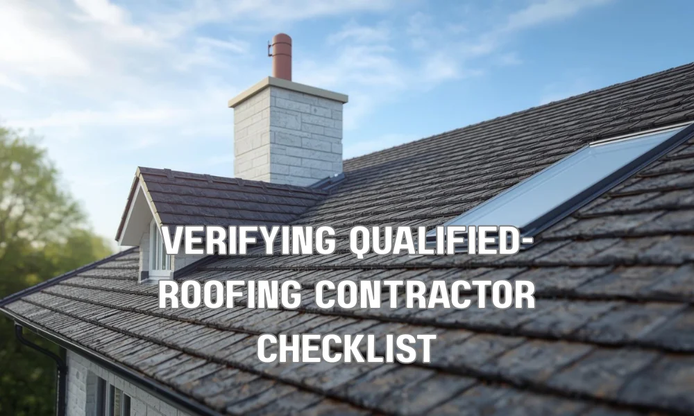 A stylized infographic illustrating the essential steps a homeowner should take to verify a roofing professional, including checking licensing, insurance, reviews, and obtaining multiple detailed bids.