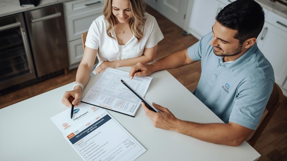 A homeowner sits at a clean kitchen island, reviewing a detailed proposal provided by a smiling roofing contractor. On the table are official-looking licensing documents (CCC license) and a tablet displaying positive online reviews. The contractor is wearing a branded polo shirt.