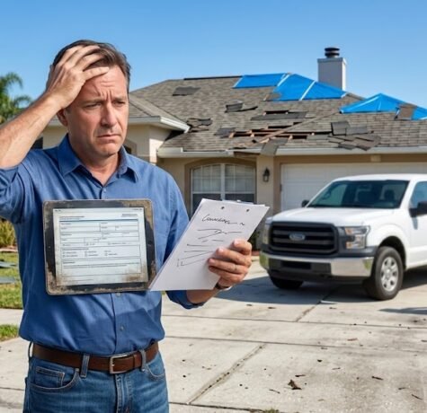 A clear contrast image: A secure homeowner holds a formal, stamped 'ROOFING WARRANTY' document with bold '10-YEAR' text, while an elusive contractor’s hand makes a vanishing, 'poof' gesture next to a cartoon thought bubble reading 'Trust Me,' which is dissolving.