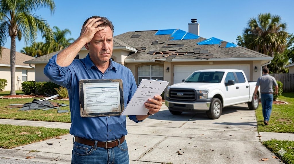 A clear contrast image: A secure homeowner holds a formal, stamped 'ROOFING WARRANTY' document with bold '10-YEAR' text, while an elusive contractor’s hand makes a vanishing, 'poof' gesture next to a cartoon thought bubble reading 'Trust Me,' which is dissolving.