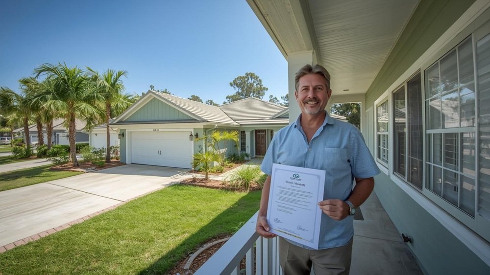 A serene, wide-angle photograph of a beautiful, well-maintained Florida home with a perfect new roof and lush palm trees. The homeowner from the previous image stands on the porch, holding a sealed, official warranty document, looking relaxed and content. The scene conveys security and peace of mind.