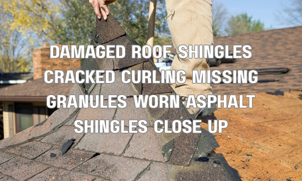 Close-up of damaged roof shingles showing cracking curling and granule loss indicating need for replacement