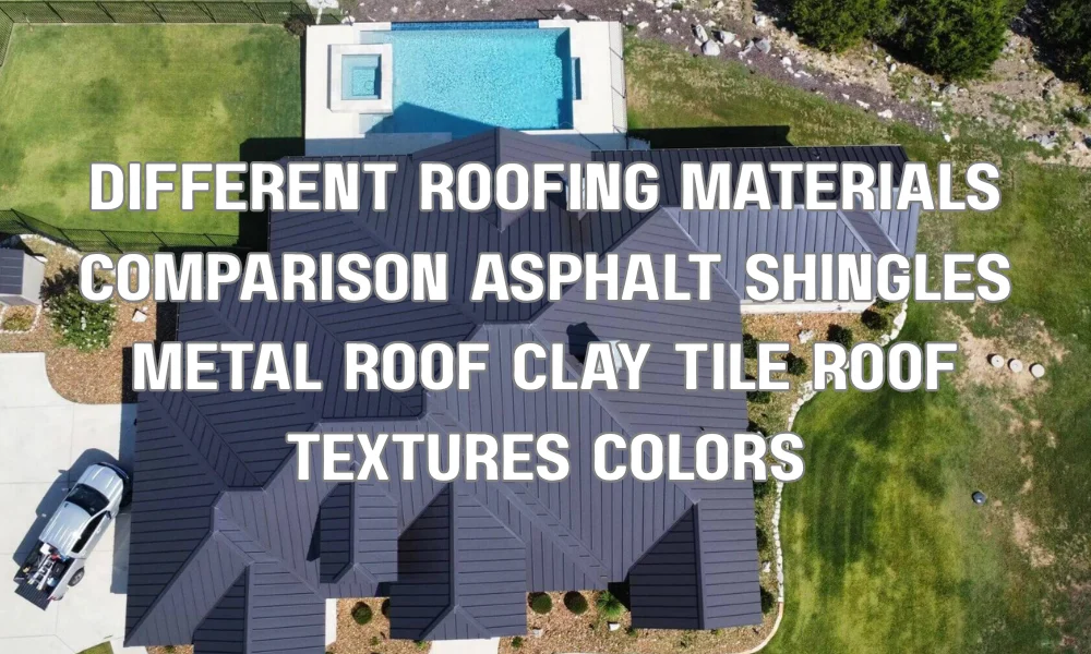 Comparison of roofing materials showing asphalt shingles, metal roofing, and clay tiles in different colors and textures