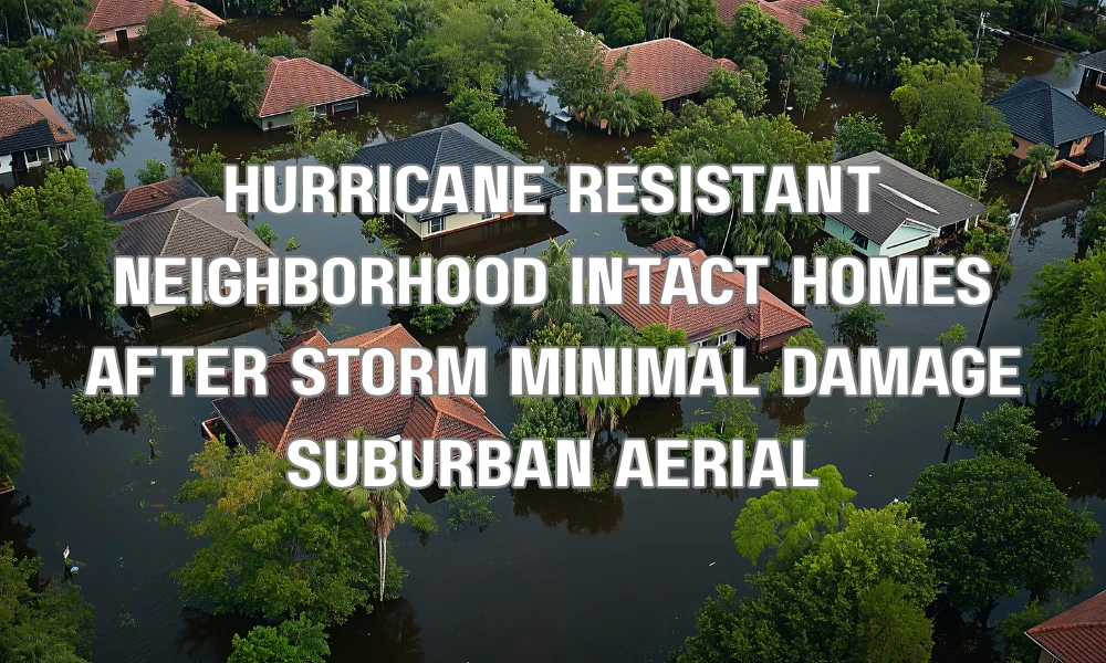Storm-resistant neighborhood with minimal damage after hurricane showing strong roofs and intact homes