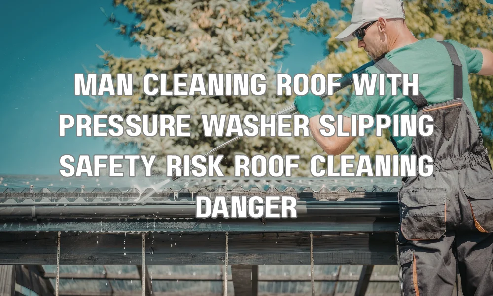 Homeowner cleaning roof with pressure washer highlighting safety risks and potential roof damage