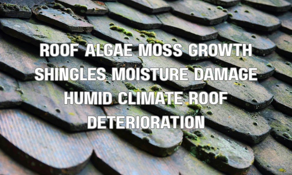 Algae and moss growing on roof shingles due to high humidity causing moisture damage and deterioration