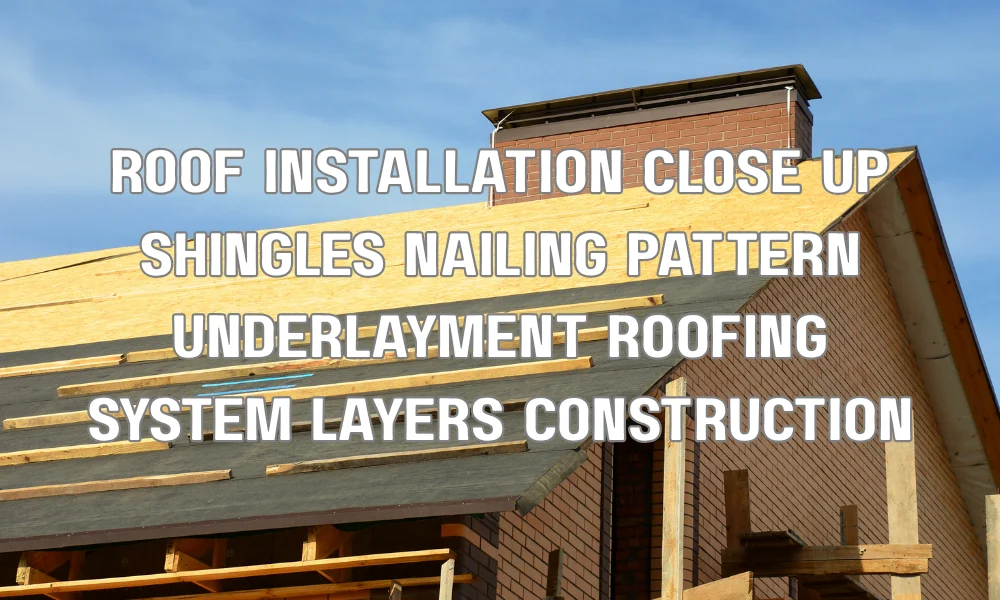 Close-up of roofing system installation showing shingles, underlayment layers, and secure nailing pattern for wind resistance