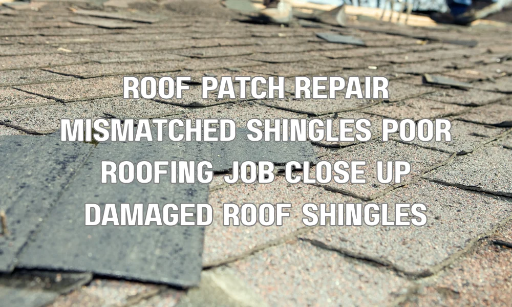 Close-up of mismatched roof shingles showing poor repair work and uneven patching on a residential roof
