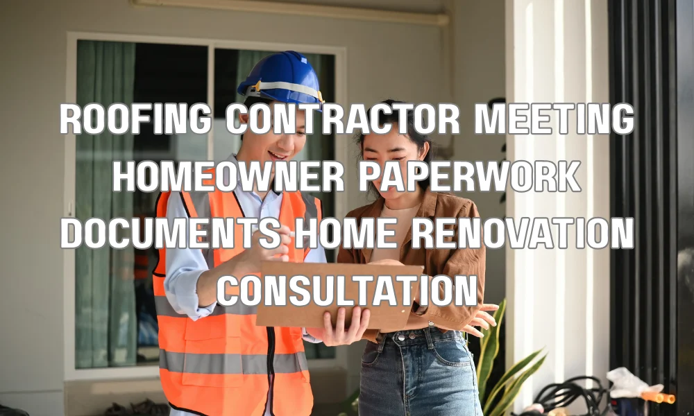Homeowner reviewing roofing project documents with contractor during consultation about rebates and paperwork