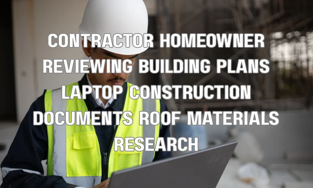 Homeowner reviewing approved roofing products and building codes on laptop with construction documents