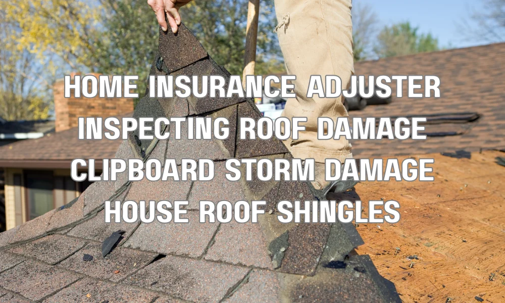 Insurance adjuster inspecting storm-damaged roof of a home for insurance claim assessment