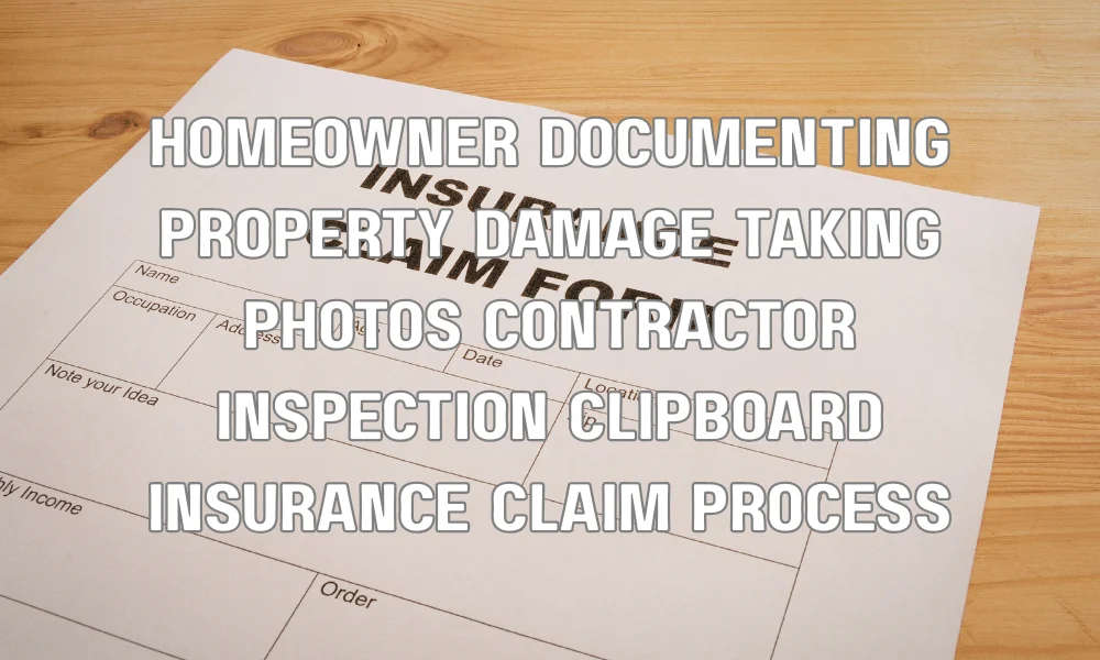 Homeowner photographing property damage while contractor reviews inspection notes for insurance claim