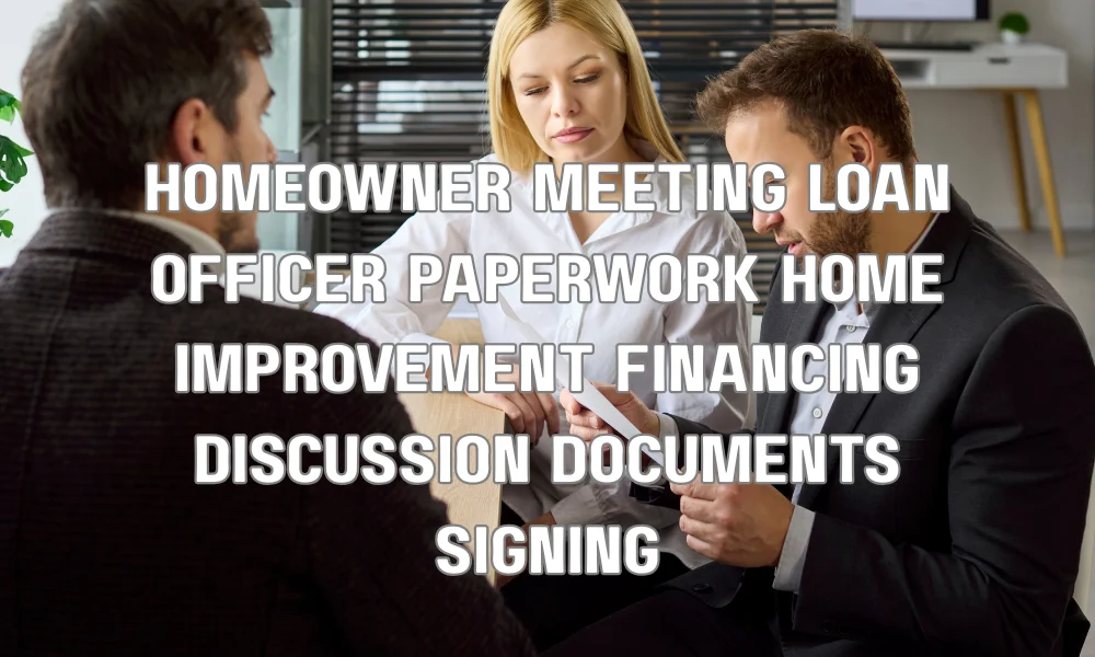 Homeowner reviewing home improvement loan documents with advisor for roof financing assistance