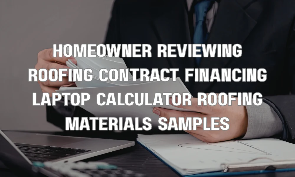 Homeowner comparing roof financing options with laptop and roofing material samples on table