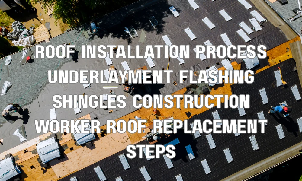 Roofing contractor installing underlayment and shingles with flashing during residential roof replacement