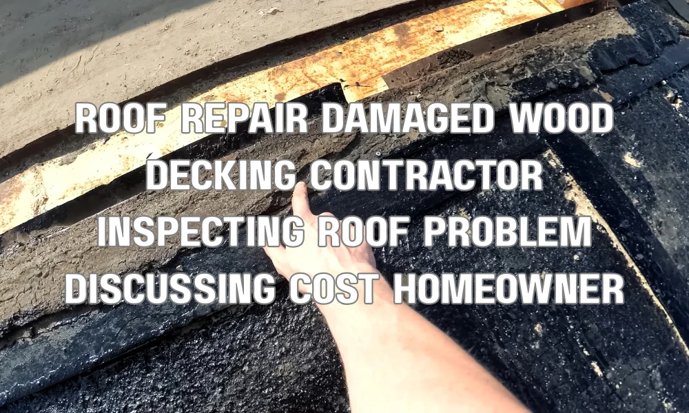 Roofing contractor inspecting damaged roof decking and explaining repair costs to homeowner