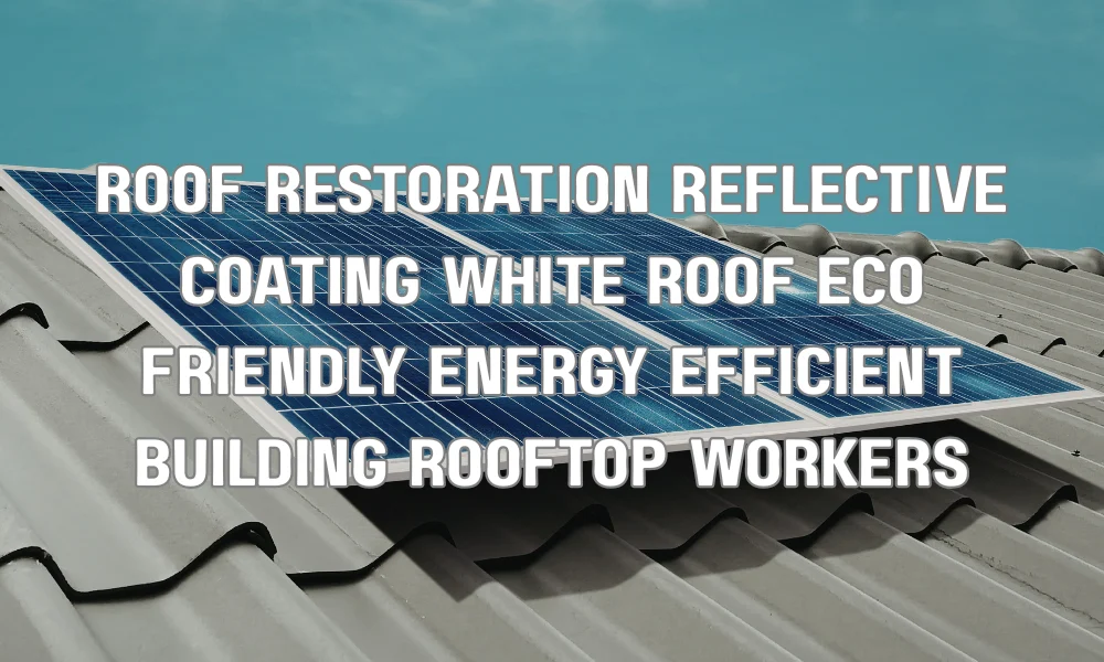 Workers applying reflective coating on a roof to improve energy efficiency and reduce environmental impact