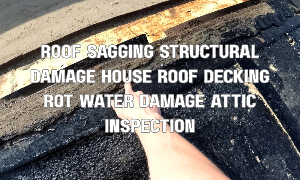 Sagging residential roof with structural damage caused by excess weight and hidden water damage