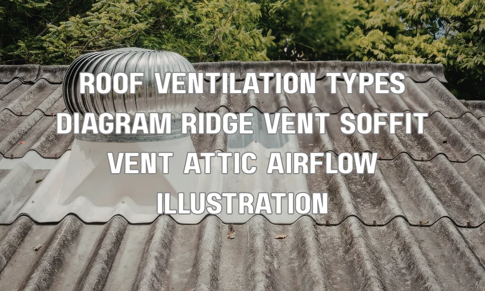 Diagram showing passive and active roof ventilation including ridge vents, soffit vents, and attic airflow