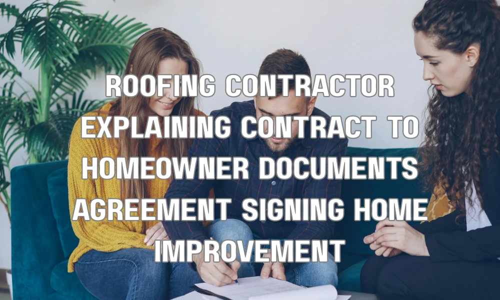 roofing contractor explaining contract to homeowner documents agreement signing home improvement