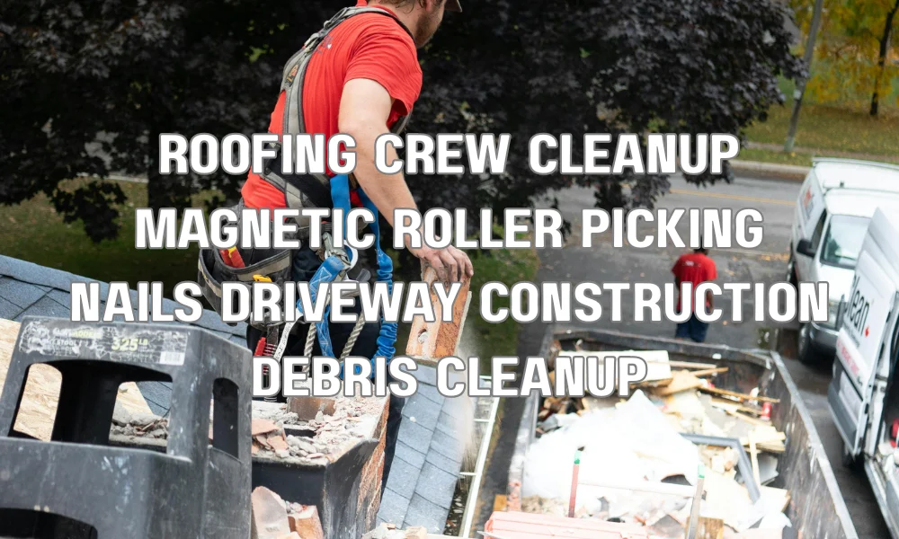 Roofing crew using a magnetic roller to collect nails during post roof replacement cleanup
