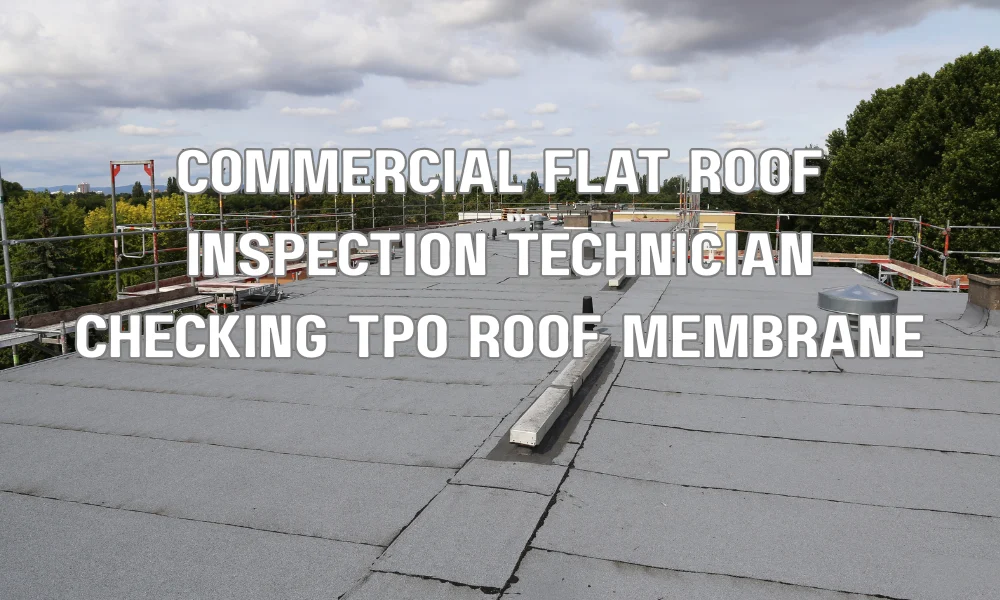 Professional roofing contractor inspecting and maintaining a commercial flat roof with TPO membrane