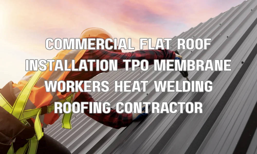 Commercial roofing contractors installing a TPO membrane on a flat roof using heat-welded seams