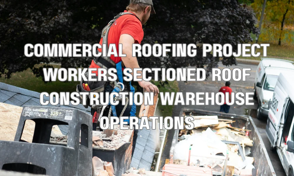 Commercial roofing crew replacing a section of a warehouse roof while business operations continue in unaffected areas