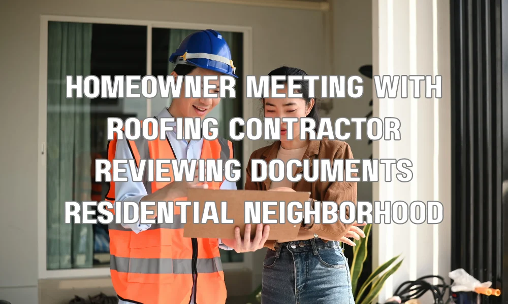 Homeowner reviewing roof replacement plans and HOA approval documents with a roofing contractor