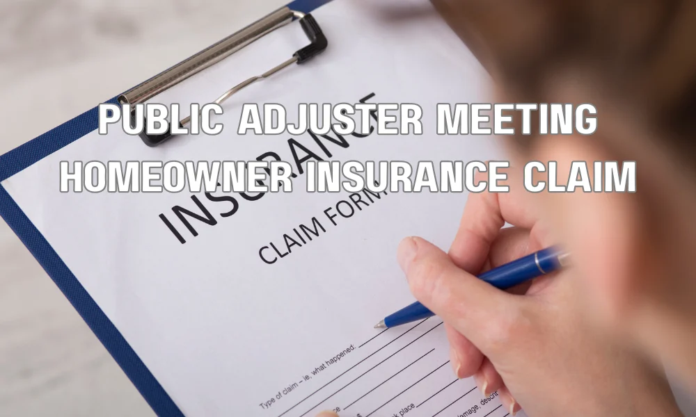 Insurance adjuster inspecting roof damage and discussing a homeowner's insurance claim