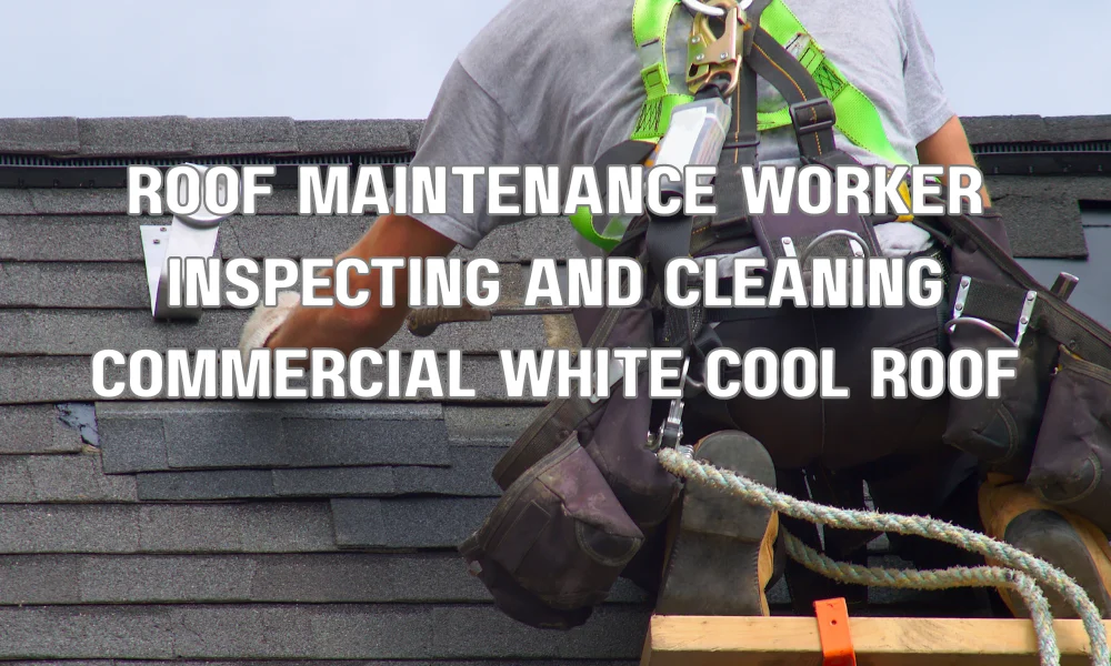 Technician performing maintenance and inspection on a reflective cool roof to preserve energy efficiency