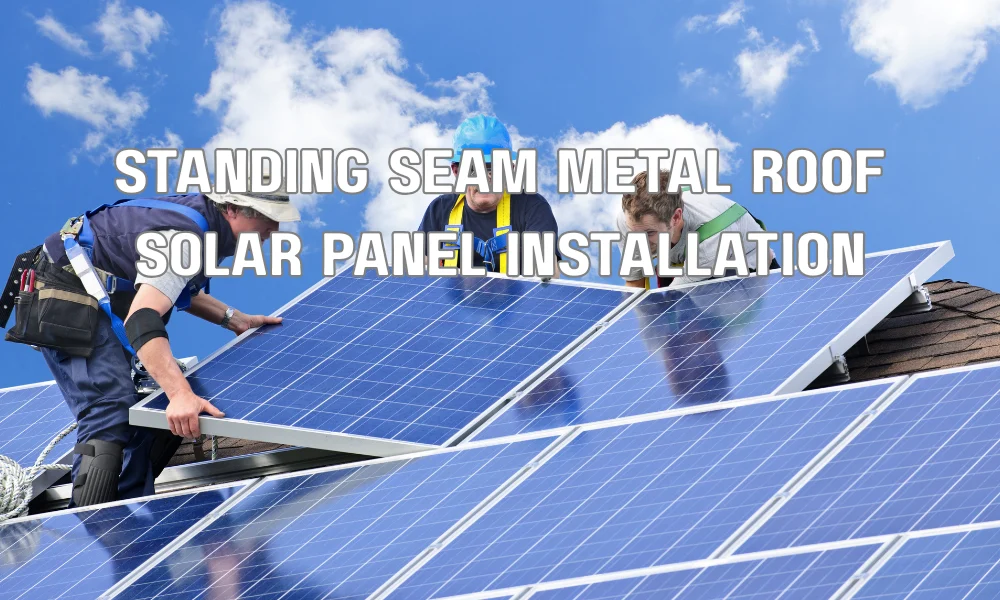Solar panels installed on a standing seam metal roof using a non-penetrating mounting system