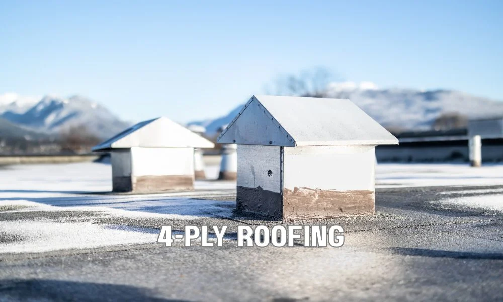 Commercial built-up roofing (BUR) system with multiple asphalt layers and gravel surfacing installed on a large flat roof under a clear Florida sky.