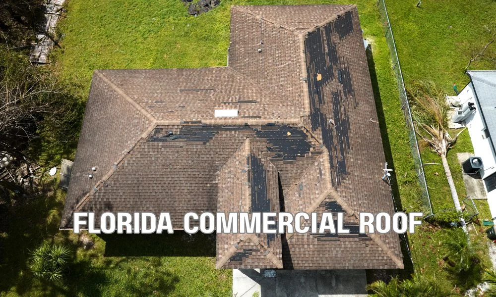 Professional commercial roofing contractor inspecting a flat roof in Florida with safety equipment, roofing materials, and modern commercial building under a clear blue sky.