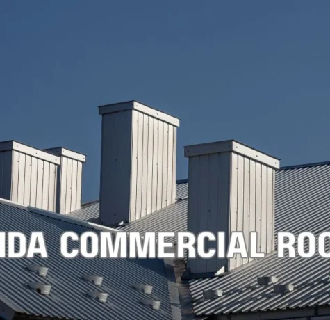 Standing seam metal roof and single-ply membrane roofing systems installed on modern Florida commercial buildings under a clear blue sky.