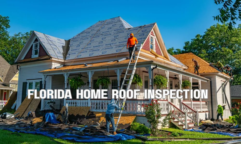 Roofing inspector evaluating a hurricane-resistant residential roof with wind mitigation features, including a hip roof design and reinforced roof attachments, to improve home insurance eligibility and storm protection.