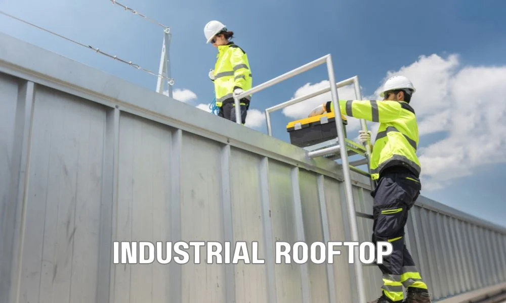 PVC commercial roofing membrane installed on an industrial flat roof, showcasing durable white single-ply material with heat-welded seams, designed for superior chemical resistance, fire protection, puncture resistance, and long-term commercial performance.