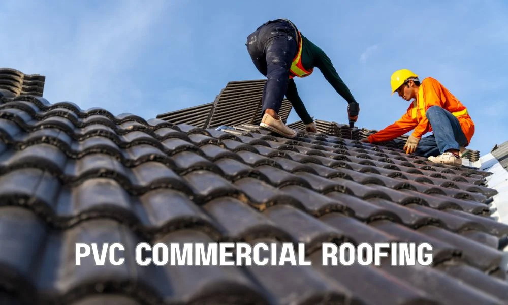 Commercial restaurant rooftop with durable PVC roofing membrane surrounding HVAC equipment, designed for grease resistance, fire safety, and long-term performance. Professional flat roof installation meeting commercial building codes with clean industrial finish.