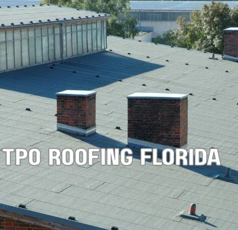 TPO roofing cost per square foot in Florida, showing a commercial building with a TPO membrane roof and roofing contractor inspecting installation factors.