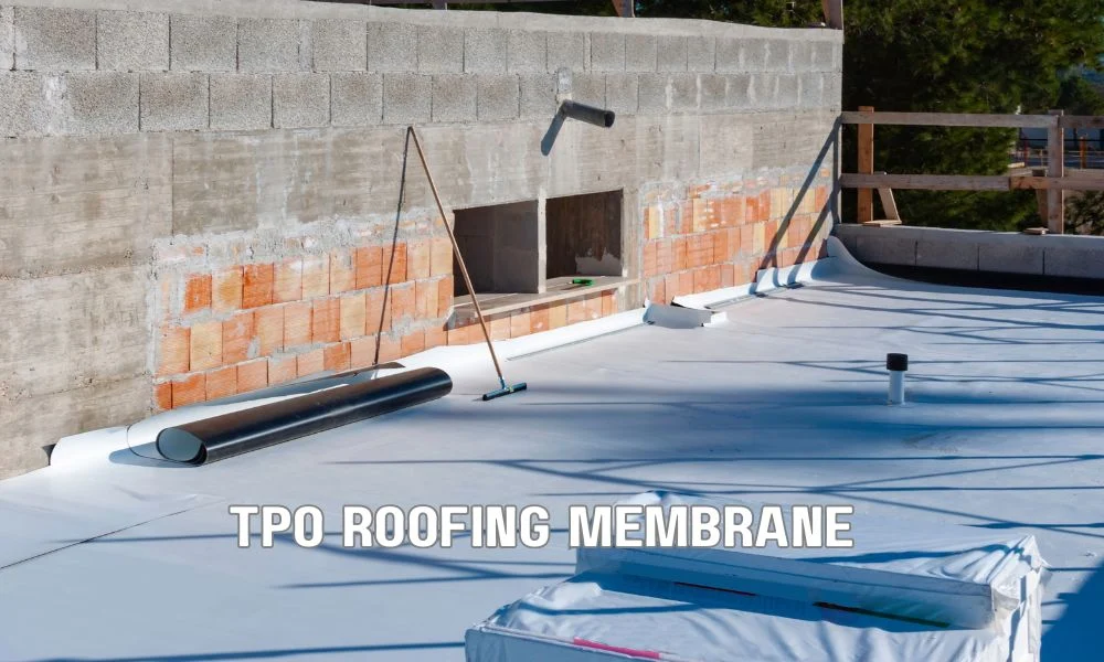 Close-up of faulty TPO roof flashing showing loose edges, wrinkles, fishmouths, gaps, and water damage around a commercial roofing penetration