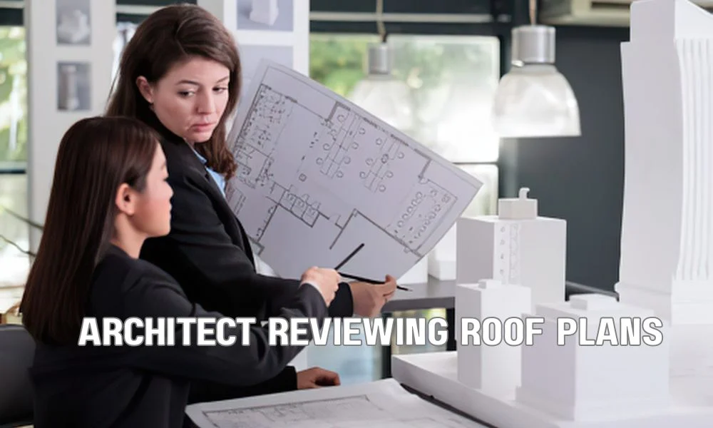 Certified roofing professional inspecting and documenting a commercial roof edge metal system for ES-1 code compliance with architectural plans and safety equipment.
